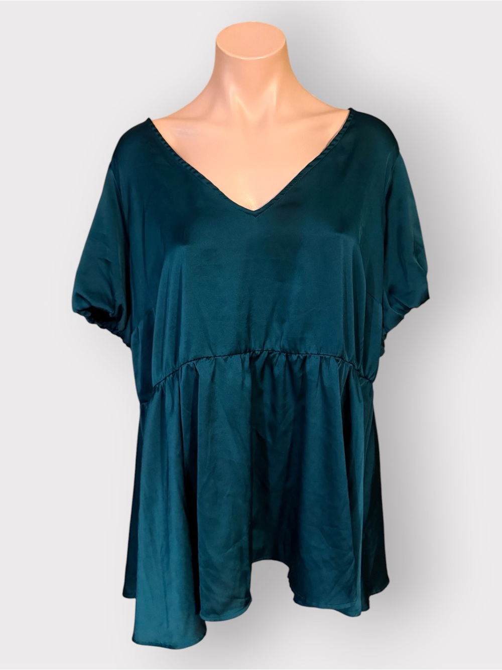 Torrid Women’s 2X Dark Teal Satin Charmeuse Babydoll V-Neck Short Sleeve Top